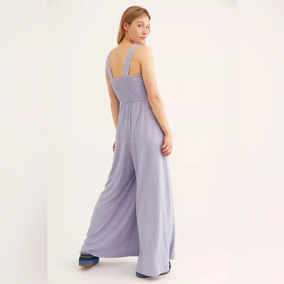 Free People Homecoming Jumper / Jumpsuit in Lilac Fog - Smocked Wide Leg - Picture 2 of 8